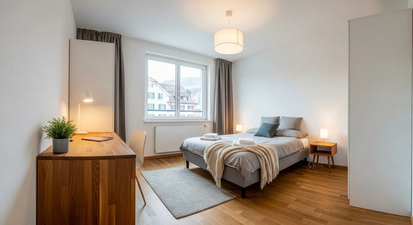 Möbliertes WG-Zimmer bei Bovita, helles Zimmer mit Schreibtisch und Bett als Alternative zum teuren Mietmarkt