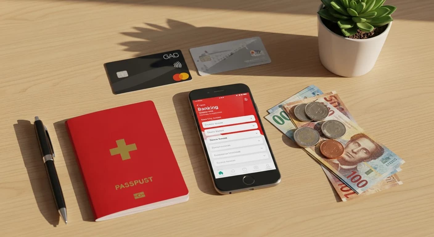 Bankkonto eröffnen in der Schweiz – Smartphone mit Banking App und Schweizer Franken