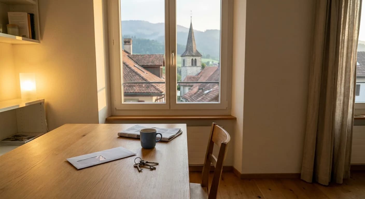 Amtlicher Brief mit Fenstercouvert auf dem Küchentisch einer Schweizer WG, Blick auf Dorfdächer
