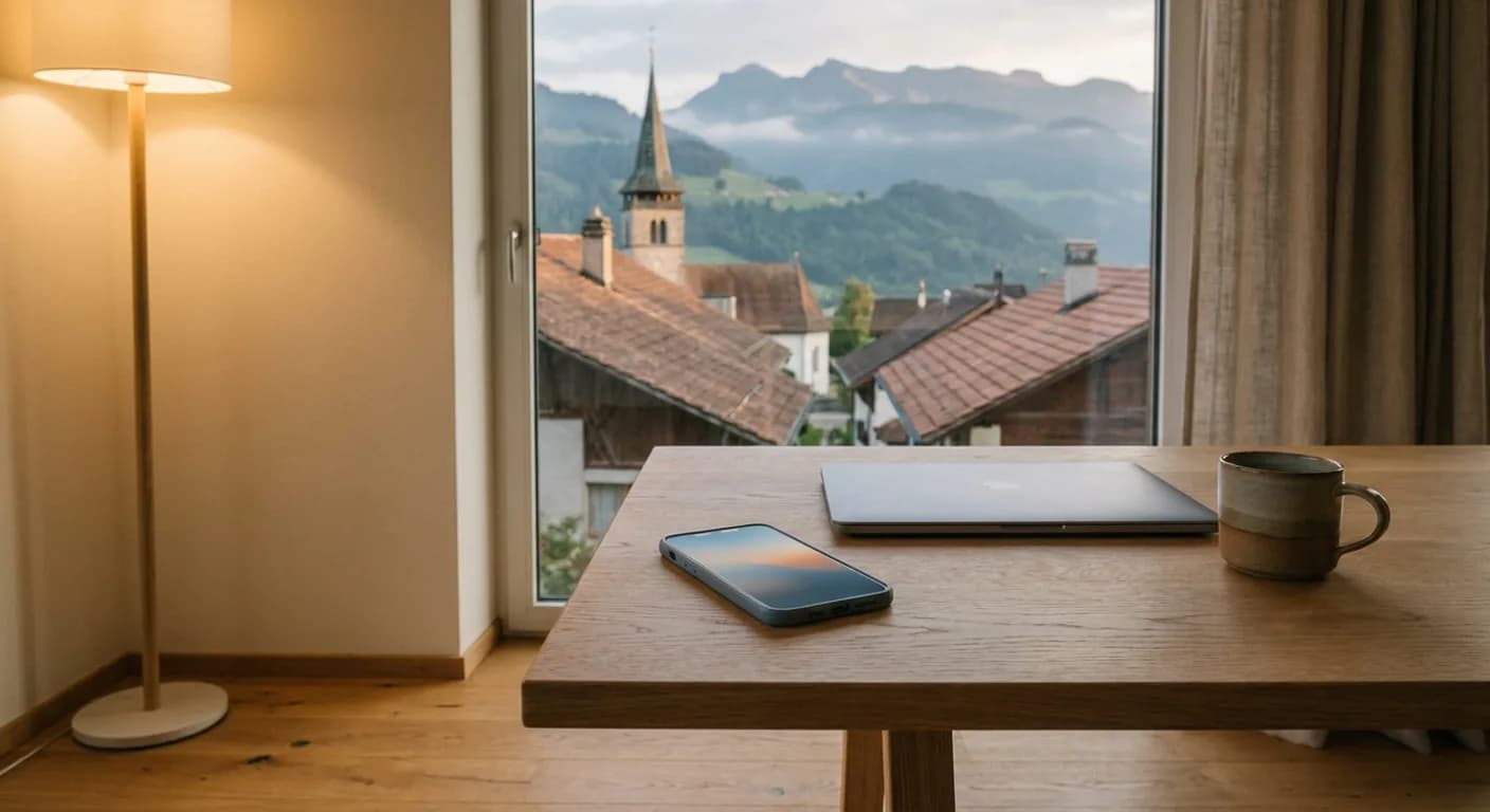 Smartphone und Laptop auf einem Eichentisch, Blick durchs Fenster über Schweizer Dorfdächer und Hügel