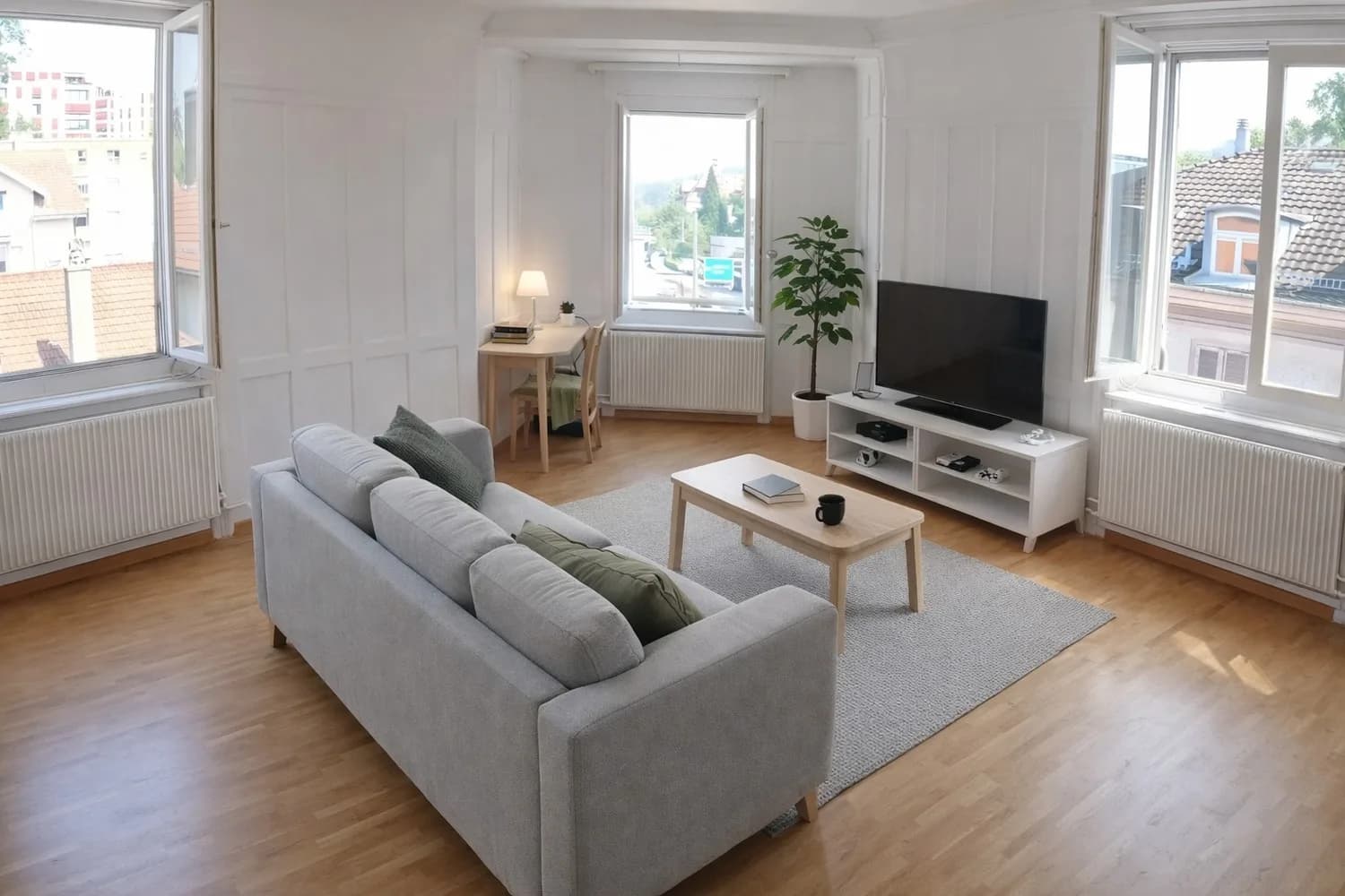 Helles Wohnzimmer WG Stahlstrasse 3 St. Gallen — Sofa, Fernseher und Stadtblick aus drei Fenstern
