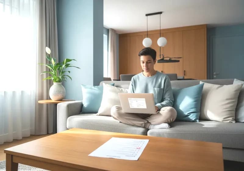 Person relaxing at home on the sofa using the housing assistant
